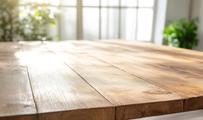 Poster - Sunny wooden table, bright room, plants. Product display