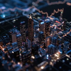 Poster - Dynamic urban cityscape featuring glowing cryptocurrency and forex trends futuristic environment aerial view