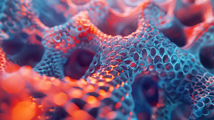 Poster - Abstract close-up of colorful organic structure with holes and curves, showcasing vibrant hues of blue and red, highlighting intricate design and depth