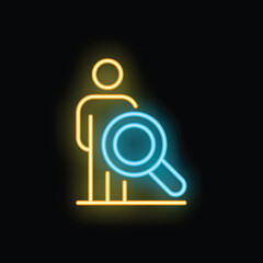 Poster - Neon icon of a stylized person holding a magnifying glass, representing concepts like search, analysis, and investigation