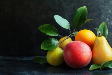 Wall Mural - Fresh fruit still life, dark background, healthy food, recipe