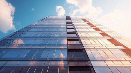 Wall Mural - Modern office building or business center. High-rise window buildings made of glass reflect the clouds and the sunset.  