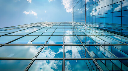 Wall Mural - A modern office building with a glass facade and an open doorway leading into a  the financial district of a modern metropolis, business and finance concept.