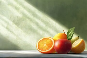 Wall Mural - Sunlit fruit still life, table, green wall, healthy