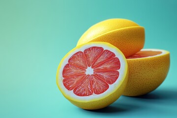 Juicy grapefruit halves on teal background