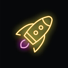 Poster - Bright yellow neon rocket ship with purple flames flying through space
