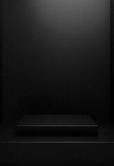 Poster - Black wall background a dark, empty room with spotlights shining on a black wall and a platform.
