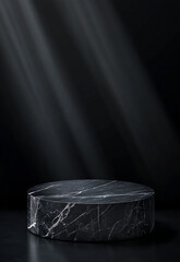 Wall Mural - Stone podium with smoke in the background empty black marble table podium with black stone floor in dark room with smoke,
