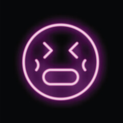 Wall Mural - Purple neon icon of a frustrated emoticon on a black background