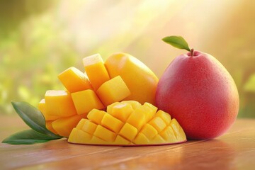 Wall Mural - Ripe mangoes sliced on wooden table, sunlit garden