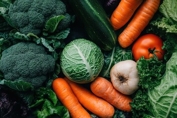 Wall Mural - Fresh vegetables, overhead, dark background, healthy food, recipe