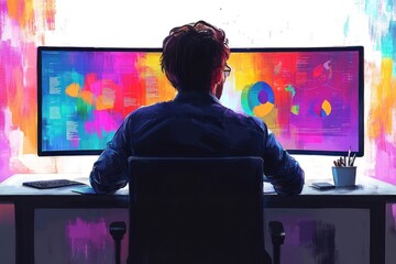 Poster - person analyzing data on dual monitors in colorful workspace