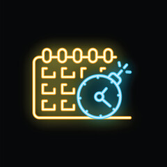 Poster - Neon icon of a calendar with a clock as a time bomb showing an important deadline approaching