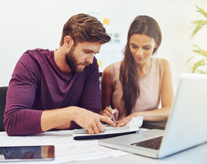 Poster - Business people, architect or interior designers with documents for project planning or brainstorming at office. Businessman, woman or creative team writing idea for building renovation or remodeling