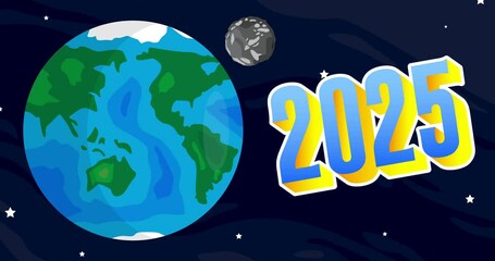 Poster - Planet Earth with number 2025. Animation, Cartoon animated space, cosmos on the background.