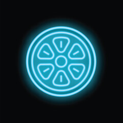 Poster - Blue neon sign of a lemon fruit on a black background, glowing in the dark