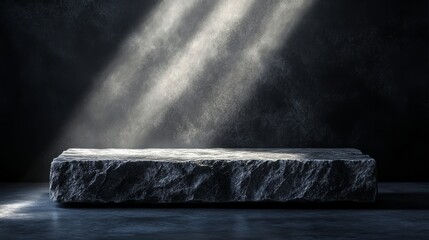Wall Mural - dark rectangular podium with textured stone sides and a polished top, illuminated by a single spotli