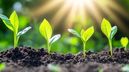 Wall Mural - Seedlings growing in sunlight, soil, garden, spring