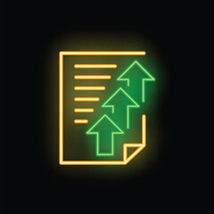 Poster - Neon sign showing a document with three green ascending arrows, representing a concept related to exponential growth