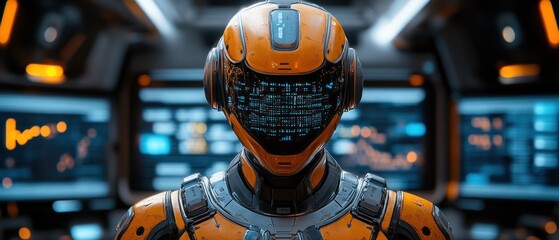 Poster - futuristic robotic figure in a high-tech control room setting
