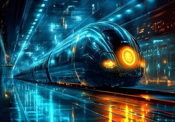 concept art of futuristic train, dark blue and gold colour scheme, in the station, hyper realistic 