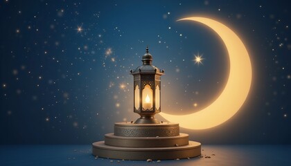 Wall Mural - Elegant Ramadan Lantern Festive Night Scene Golden Crescent Moon Starry Night Background Islamic Festive Decoration Ornamental Lamp  Spiritual Atmosphere Peaceful Design Ramadan Kareem 3d art stars   