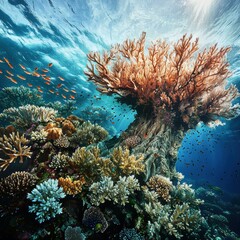 Canvas Print - Underwater coral reef teeming with life. AI.