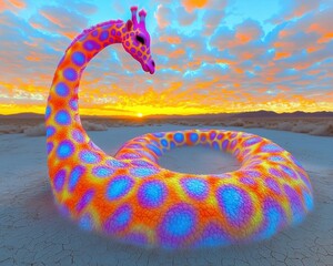 Canvas Print - Colorful giraffe-like creature in a desert landscape at sunset. AI.