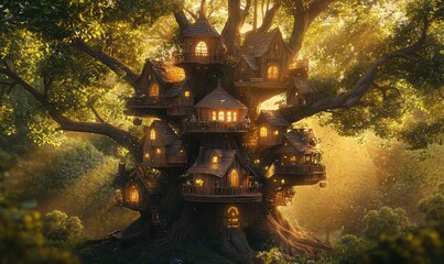 Wall Mural - A whimsical treehouse village. AI.