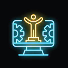 Poster - Neon icon representing online business success with a person standing on a podium inside a computer screen with gears