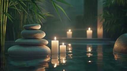 Wall Mural - Serene zen garden spa with candles, rocks, and bamboo