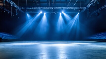 Poster - Empty stage, blue lights, indoor venue, concert preparation