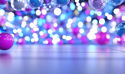 Poster - Colorful spheres falling on floor, bokeh background, product display