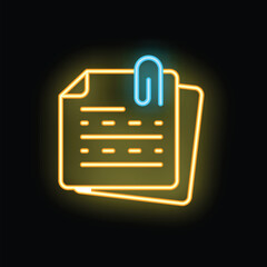 Canvas Print - Neon icon of documents attached with paperclip on black background