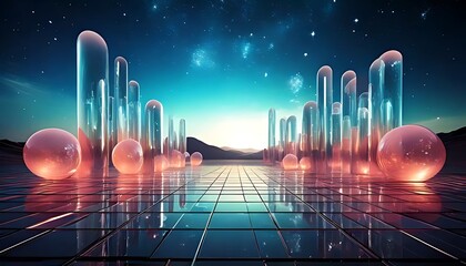 Wall Mural - Translucent spheres and pillars stand on a reflective, tiled surface, creating a futuristic, abstract landscape under a starry sky (1)