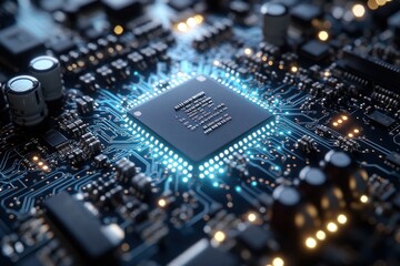 Poster - Close-up of a microchip on a circuit board with lights