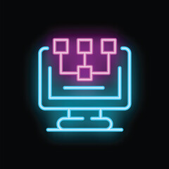 Wall Mural - Glowing neon icon of a computer showing database management system on its screen, against a dark background