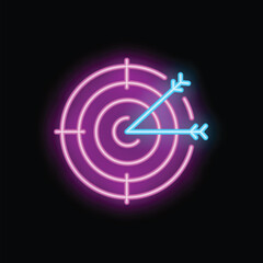 Poster - Neon sign illustrating the concept of success with two arrows hitting the center of a target