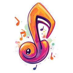 Poster - A stylized vibrant watercolor music note design featuring splashes of color and smaller musical notes.