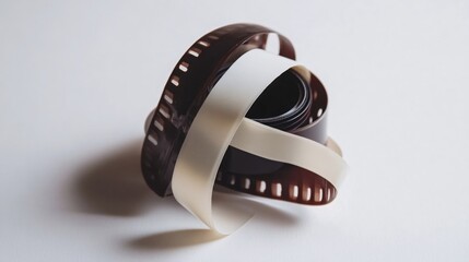 Poster - Rolled film strip with light beige ribbon on white backdrop studio shot simple clean design