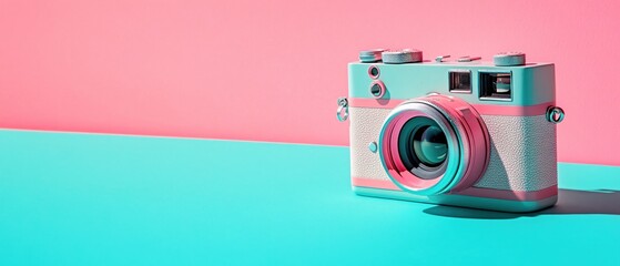 Aufkleber - Retro camera on pastel background with pink and teal colors creating a vibrant scene
