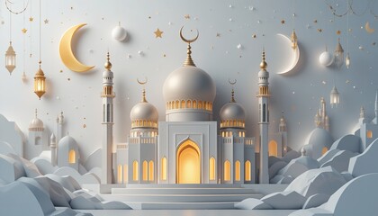 Wall Mural - Elegant Mosque Night Scene Ramadan Kareem Islamic Golden Crescent Moon Stars Festive Celebration Beautiful Architecture Digital Art Illustration Design Background Wallpaper 3D Hope White Light Faith  