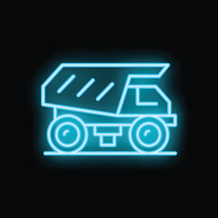 Poster - Bright blue neon icon of a dump truck is standing on a black background