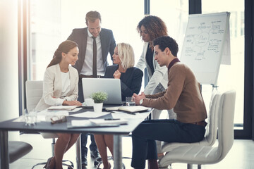 Leinwandbilder - Business, people and talking with laptop in meeting of finance budget, planning and investment growth. Staff, online and reading email for profit information, brainstorming idea and proposal solution
