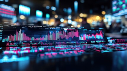 Poster - Financial data analysis on digital screens in trading room