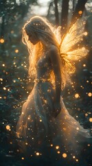 Fototapete - Magical forest scene featuring a luminous fairy with glowing wings Her whitegold gown and flowing blonde hair shimmer under soft moonlight surrounded by tiny glowing orbs in a dense forest