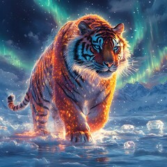 Poster - Magnificent crystal tiger with a gemstone mane prowls through an arctic tundra of sparkling ice shards while above a mesmerizing sky swirls with fractal snowflakes and twisting auroras