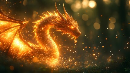 Poster - Magnificent golden dragon illuminated in radiant light detailed wings glowing at the edges The mystical scene is filled with drifting particles against a blurred forest of greens and blacks