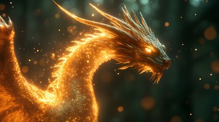 Poster - Magnificent golden dragon illuminated in radiant light detailed wings glowing at the edges The mystical scene is filled with drifting particles against a blurred forest of greens and blacks