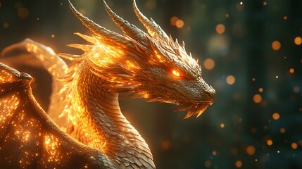 Poster - Magnificent golden dragon illuminated in radiant light detailed wings glowing at the edges The mystical scene is filled with drifting particles against a blurred forest of greens and blacks